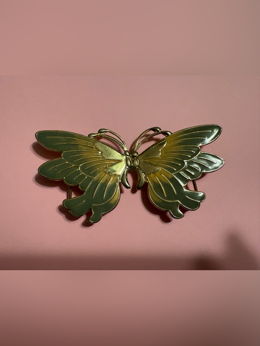 1980s Vintage Gold Tone Metal and Enamel Green Yellow Butterfly Belt Buckle